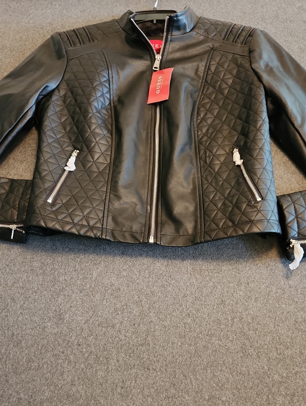 GUESS Black Quilted Faux Leather Moto Jacket Womens Sze Large Zippers Fleece New
